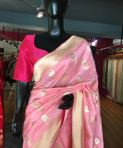 Baby Pink Dola Silk Saree Highlighted With Gold Zari Border