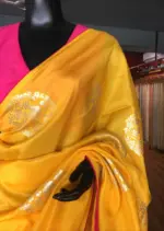 Yellow Dola Silk Saree highlighted with Silver Zari Buttas - Image 6