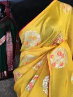 Yellow Dola Silk Saree Highlighted With Silver Zari Buttas - Image 5
