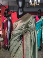 Green Banarasi Silk Saree highlighted with contrast piping - Image 6
