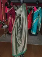 Green Banarasi Silk Saree highlighted with contrast piping - Image 3