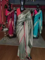 Green Banarasi Silk Saree highlighted with contrast piping - Image 2