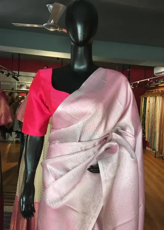Baby Pink Banarasi Silk Saree With Silver Zari Weaves