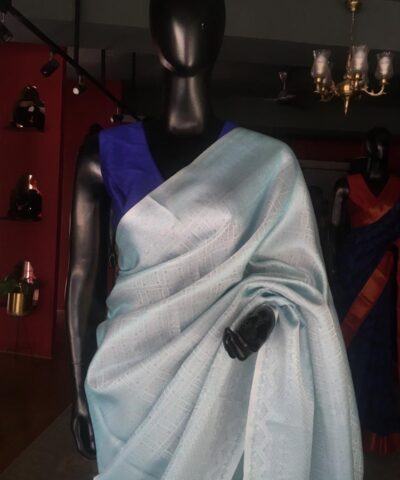 Baby Blue Banarasi Silk Saree With Silver Zari Weaves