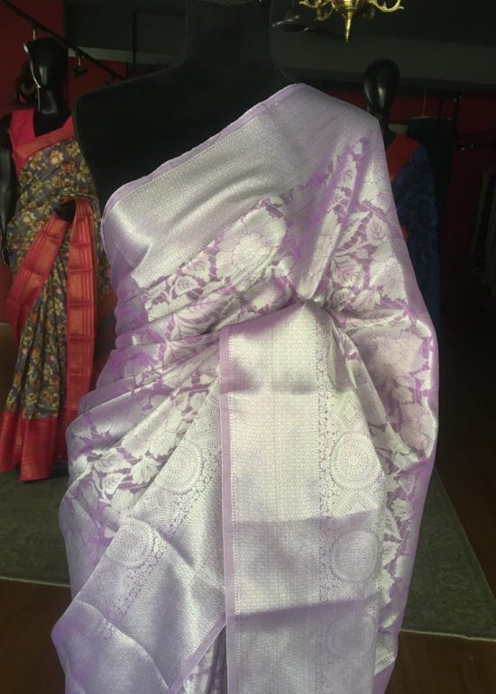 Lilac Banarasi Silk Saree with Silver Zari Weaves
