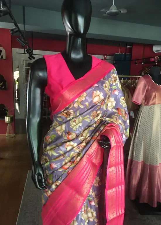 Lilac Printed Banarasi Silk Saree highlighted with contrast border