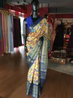 Yellow Printed Banarasi Silk Saree highlighted with contrast border - Image 3