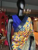Yellow Printed Banarasi Silk Saree highlighted with contrast border - Image 4
