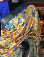 Yellow Printed Banarasi Silk Saree highlighted with contrast border - Image 5