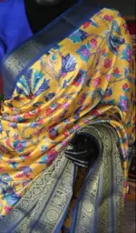 Yellow Printed Banarasi Silk Saree highlighted with contrast border - Image 6