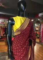 Maroon Crepe Silk Saree with Beautiful Gold Zari Buttas highlighted with Gold Woven Border - Image 7