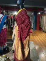 Maroon Crepe Silk Saree with Beautiful Gold Zari Buttas highlighted with Gold Woven Border - Image 3