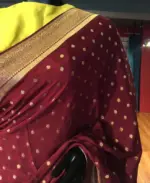 Maroon Crepe Silk Saree with Beautiful Gold Zari Buttas highlighted with Gold Woven Border - Image 6