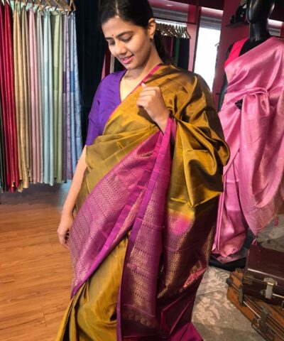 Mustard Kanchivaram Silk Saree with Handwoven Gold zari weaves