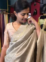 Silver Grey Banarasi Silk Saree with Gold and Silver Zari Weaves