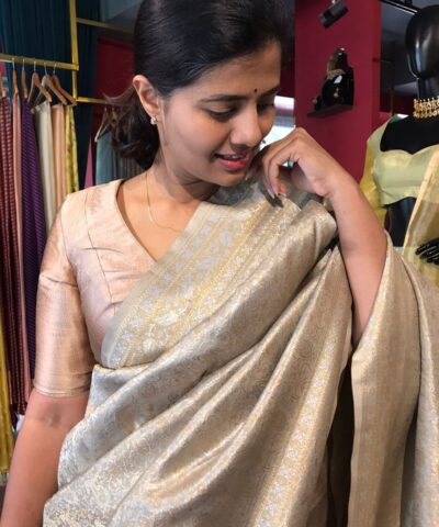 Silver Grey Banarasi Silk Saree with Gold and Silver Zari Weaves