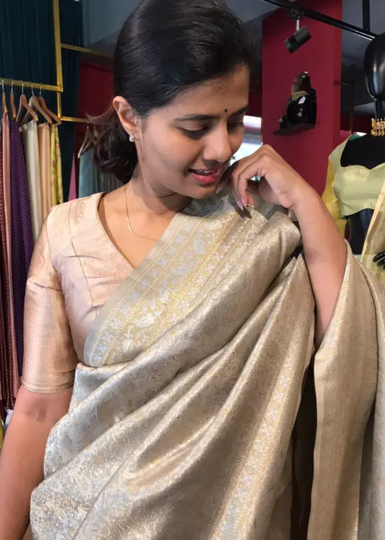 Silver Grey Banarasi Silk Saree with Gold and Silver Zari Weaves