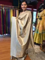 Silver Grey Banarasi Silk Saree with Gold and Silver Zari Weaves - Image 3