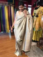 Silver Grey Banarasi Silk Saree with Gold and Silver Zari Weaves - Image 5