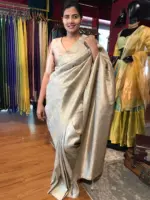 Silver Grey Banarasi Silk Saree with Gold and Silver Zari Weaves - Image 2