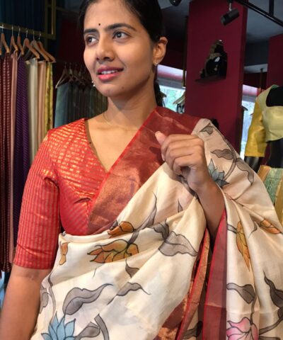 Ivory Handpainted Tussar Silk Saree