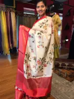 Ivory Banarasi Silk Saree with Printed Florals - Image 3