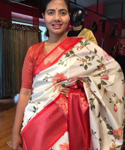 Ivory Banarasi Silk Saree with Printed Florals