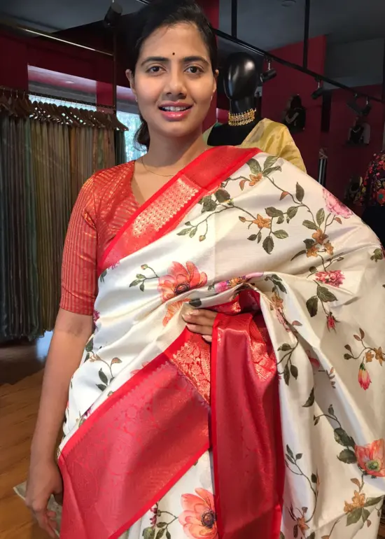Ivory Banarasi Silk Saree with Printed Florals