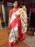 Ivory Banarasi Silk Saree with Printed Florals - Image 2