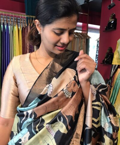 Black Handpainted Tussar Silk Saree