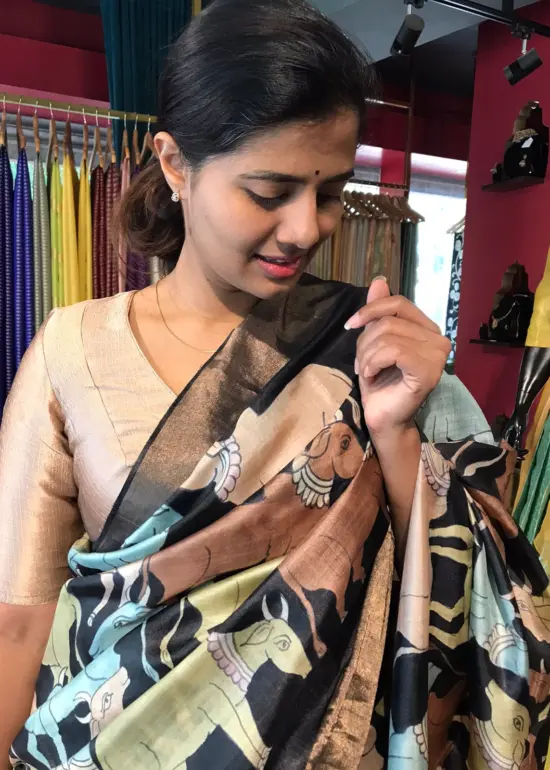 Black Handpainted Tussar Silk Saree