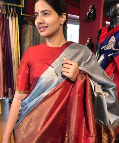 Grey Kanjivaram Silk Saree with Handwoven Gold zari weaves