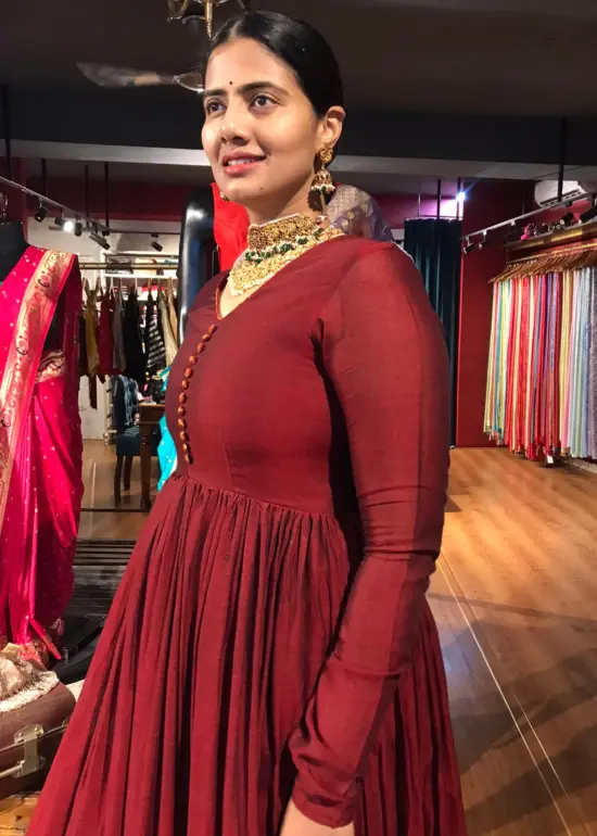 Maroon Cotton Dress highlighted with Kanchi Silk Border