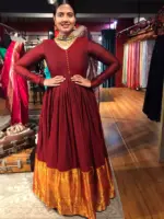 Maroon Cotton Dress highlighted with Kanchi Silk Border - Image 2
