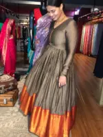 Beige Taupe Cotton Dress highlighted with Kanchi Silk Border - Image 5