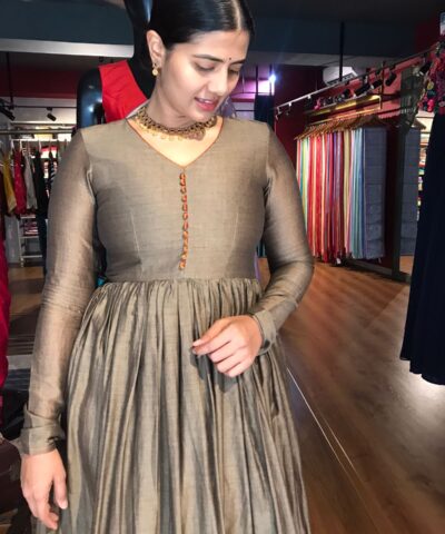 Beige Taupe Cotton Dress highlighted with Kanchi Silk Border
