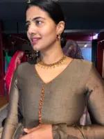 Beige Taupe Cotton Dress highlighted with Kanchi Silk Border - Image 6