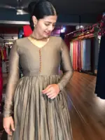 Beige Taupe Cotton Dress highlighted with Kanchi Silk Border - Image 4