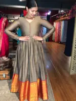 Beige Taupe Cotton Dress highlighted with Kanchi Silk Border - Image 2