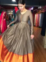 Beige Taupe Cotton Dress highlighted with Kanchi Silk Border - Image 3