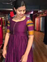 Purple Cotton Dress highlighted with contrast woven border - Image 3