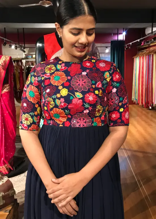 Navyblue Dress highlighted with Beautifully Embroidered Florals