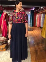 Navyblue Dress highlighted with Beautifully Embroidered Florals - Image 3