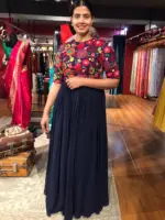 Navyblue Dress highlighted with Beautifully Embroidered Florals - Image 2