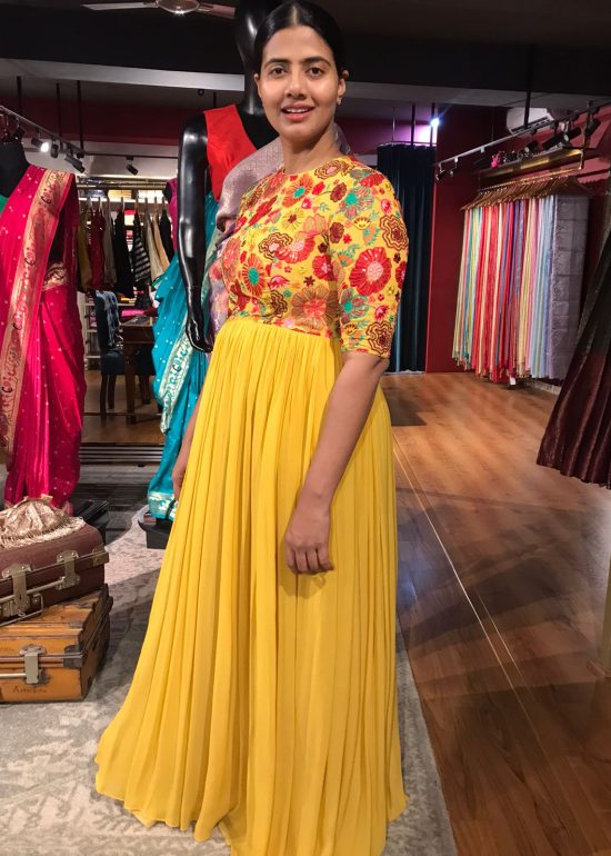 Mustard Yellow Dress highlighted with Beautifully Embroidered Florals