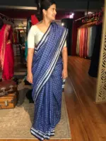 Navyblue Handmade Pure Linen Saree highlighted in Chequered Pattern - Image 4