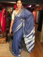 Navyblue Handmade Pure Linen Saree highlighted in Chequered Pattern - Image 5