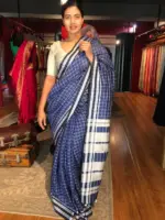 Navyblue Handmade Pure Linen Saree highlighted in Chequered Pattern - Image 3