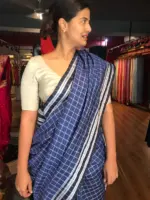 Navyblue Handmade Pure Linen Saree highlighted in Chequered Pattern