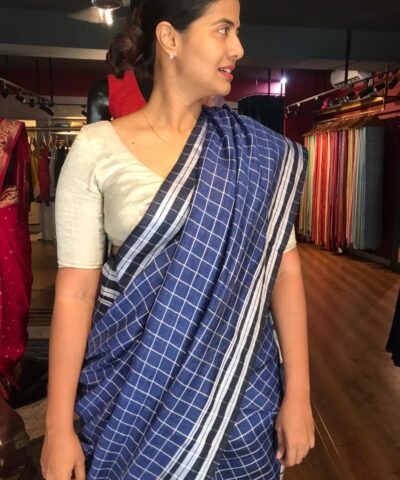 Navyblue Handmade Pure Linen Saree highlighted in Chequered Pattern